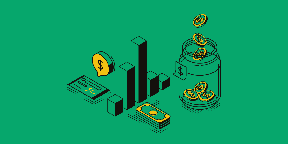 illustration of money jar bar graph and dollars